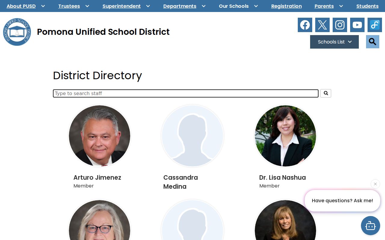 Pomona directory search view of the Pomona Unified staff listing