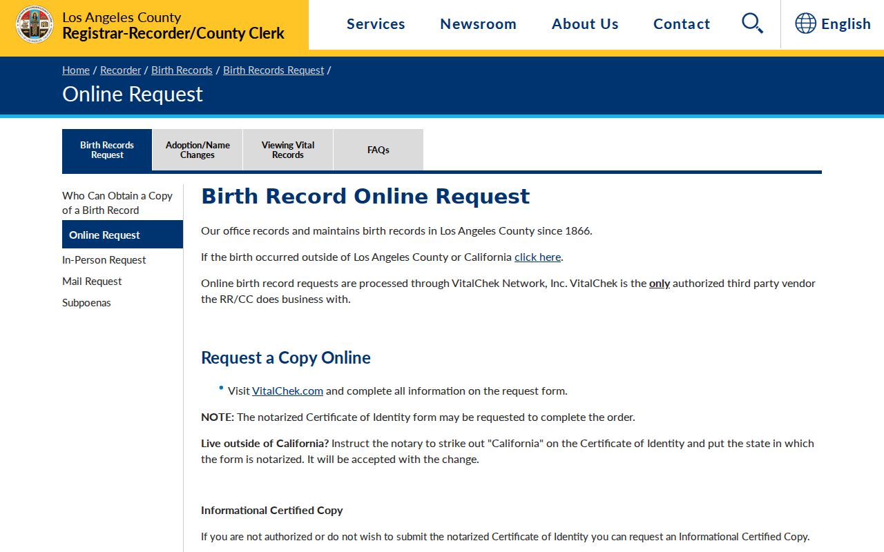 Pomona public records online request page for Los Angeles County birth certificates