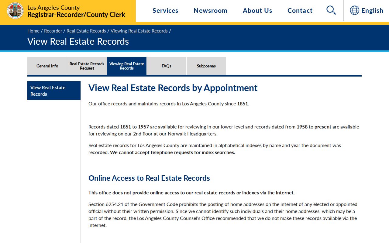 Pomona public records appointment page for Los Angeles County real estate documents